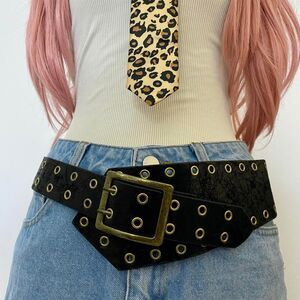Black Grunge Wide Double Prong Eyelet Grommet Belt, Fits 14-38 Inches, X7GA1557